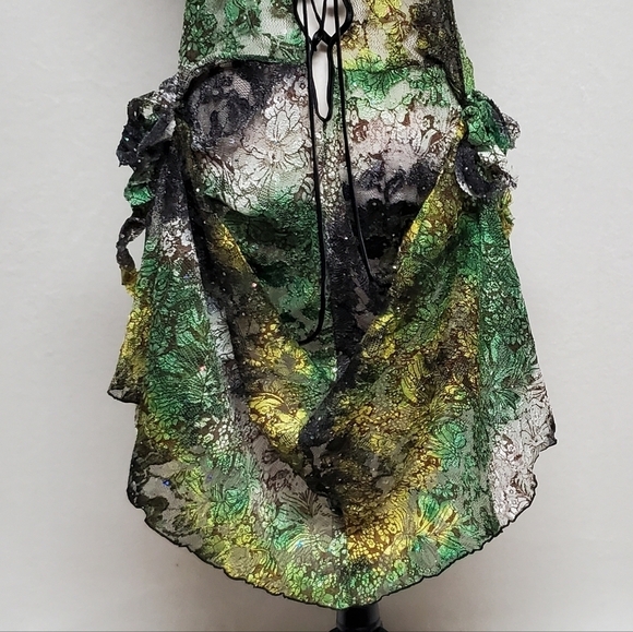 80s Rare Vintage Surprise Parties Green Tie-Dye Sheer Lace Lace-up Bustle Dress - Picture 13 of 16